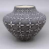 Black-on-white jar with a fine line and geometric design
 by Sandra Victorino of Acoma
