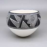 Black-on-white bowl with a four-panel painted fine line, spiral, and geometric design
 by LaDonna Victoriano of Acoma