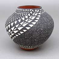 Small polychrome jar with a fine line, checkerboard, and geometric design
 by Sandra Victorino of Acoma