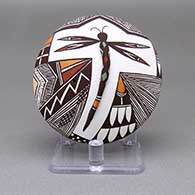 Polychrome seed pot with an applique and painted dragonfly, fine line, checkerboard, and geometric design on top and an applique and painted ladybug detail on bottom
 by Carolyn Concho of Acoma