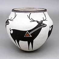 Small polychrome jar with a four-panel deer-with-heart-line design
 by Lucy Lewis of Acoma