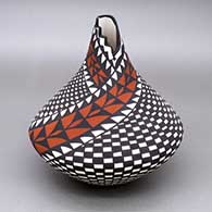 Polychrome jar with a kiva step geometric cut opening and a checkerboard, feather, and geometric design
 by Sandra Victorino of Acoma