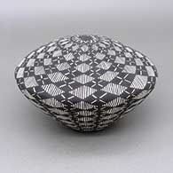 Black-on-white seed pot with a fine line and geometric design
 by Cletus Victorino of Acoma