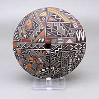 Polychrome seed pot with a square opening and a fine line and geometric design
 by Rebecca Lucario of Acoma
