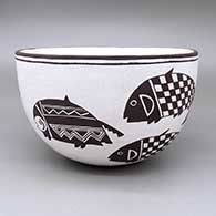 Black-on-white bowl with a Mimbres fish design
 by Carmel Lewis of Acoma