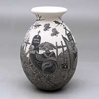 Click for a larger view A black on white jar with a rolled lip and decorated with a sgraffito Day of the Dead at the Cemetery design
 by Hector Javier Martinez of Mata Ortiz and Casas Grandes
