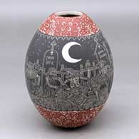Click for a larger view A polychrome jar decorated with a sgraffito Night of the Dead at the cemetery and geometric design
 by Hector Javier Martinez of Mata Ortiz and Casas Grandes