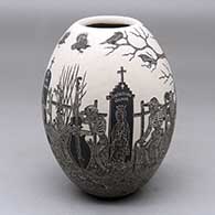 Click for a larger view A black on white jar decorated with a sgraffito Day of the Dead at the cemetery design
 by Hector Javier Martinez of Mata Ortiz and Casas Grandes
