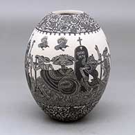 Click for a larger view A black on white jar decorated with a sgraffito Day of the Dead at the Cemetery and geometric design
 by Hector Javier Martinez of Mata Ortiz and Casas Grandes