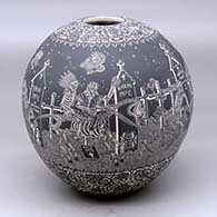 Click for a larger view A black on white jar decorated with a sgraffito Night of the Dead at the cemetery and geometric design
 by Hector Javier Martinez of Mata Ortiz and Casas Grandes
