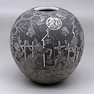 Click for a larger view A black on white jar decorated with a sgraffito Night of the Dead at the cemetery design
 by Hector Javier Martinez of Mata Ortiz and Casas Grandes