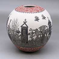 Click for a larger view A polychrome jar decorated with a sgraffito Day of the Dead at the Cemetery and geometric design
 by Hector Javier Martinez of Mata Ortiz and Casas Grandes