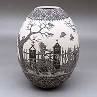 Click for a larger view A black on white jar decorated with a sgraffito Day of the Dead at the Cemetery and geometric design
 by Hector Javier Martinez of Mata Ortiz and Casas Grandes