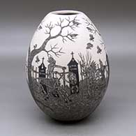 Click for a larger view A black on white jar decorated with a sgraffito Day of the Dead at the cemetery design
 by Hector Javier Martinez of Mata Ortiz and Casas Grandes