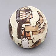 Polychrome seed pot with a lightly carved, sgraffito, and painted corn maiden dancer and geometric design
 by Lawrence Namoki of Hopi