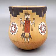 Polychrome jar with a four-panel male yeibichai, kiva step, and geometric design
 by Ida Sahmie of Dineh