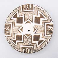 Black and white seed pot with a Mimbres geometric design
 by Kimo DeCora of Isleta
