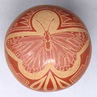 Miniature polychrome seed pot with sgraffito butterfly, scroll and geometric design
 by Rosemary Lonewolf of Santa Clara