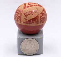 Miniature red seed pot with a sgraffito bird, branch and geometric designG32
 by Rosemary Lonewolf of Santa Clara