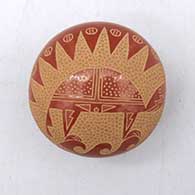 Miniature red seed pot with a sgraffito turtle and geometric designH19
 by Rosemary Lonewolf of Santa Clara