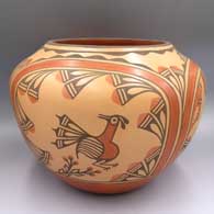 Polychrome jar with a 4-panel roadrunner, rainbow, cloud formation and geometric design
 by Ruby Panana of Zia