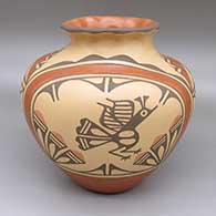 Polychrome jar with a pie crust rim and a roadrunner and geometric design
 by Ruby Panana of Zia