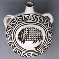 Black and white canteen with Mimbres animal and geometric design