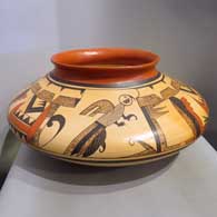 A polychrome Sikyatki-style jar with fire clouds and 3-panel bird element and geometric design