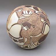 Polychrome jar with a lightly carved, sgraffito-and-painted corn dancers, ears-of-corn, bowl, jar, cornstalk, kiva step, and geometric design