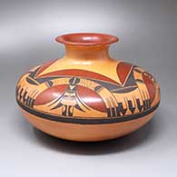 A Sikyatki-style jar with a recurved rim and a four-panel moth, bird element and geometric design