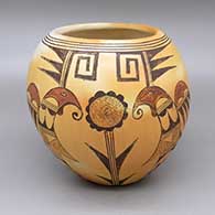 A polychrome jar decorated with fire clouds and a two-panel bird and flower design