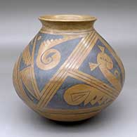 A black-on-brown jar with a flared rim and geometric design around the body