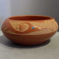 Sgraffito avanyu design and inset turquoise on a polished red bowl