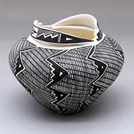 A black-on-white jar with a fine line and geometric design plus a detailed rim feature