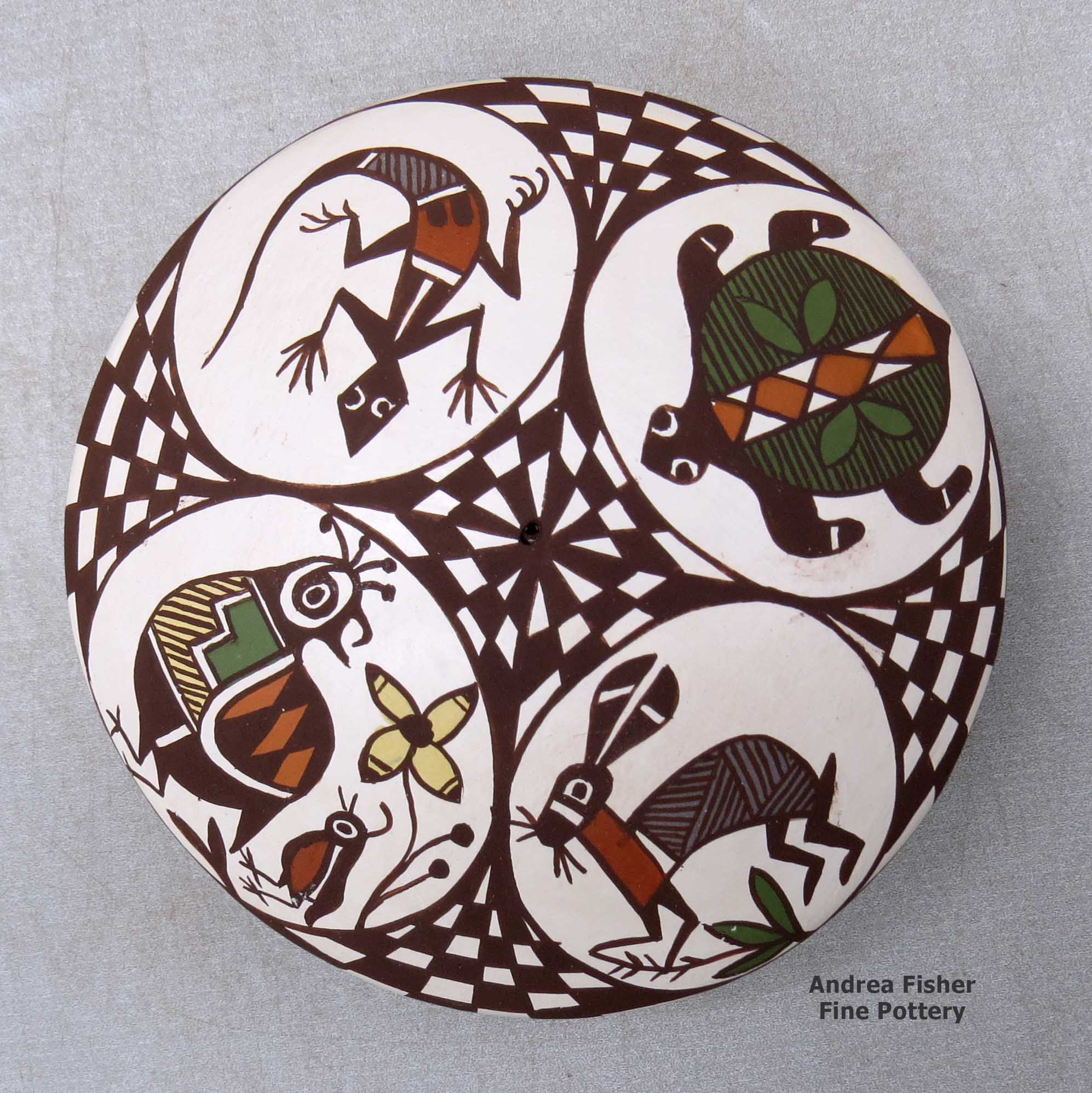 Click or tap to see a larger view A polychrome seed pot decorated above the shoulder with a bird, rabbit, turtle, lizard and geometric design made by Diane Lewis of Acoma