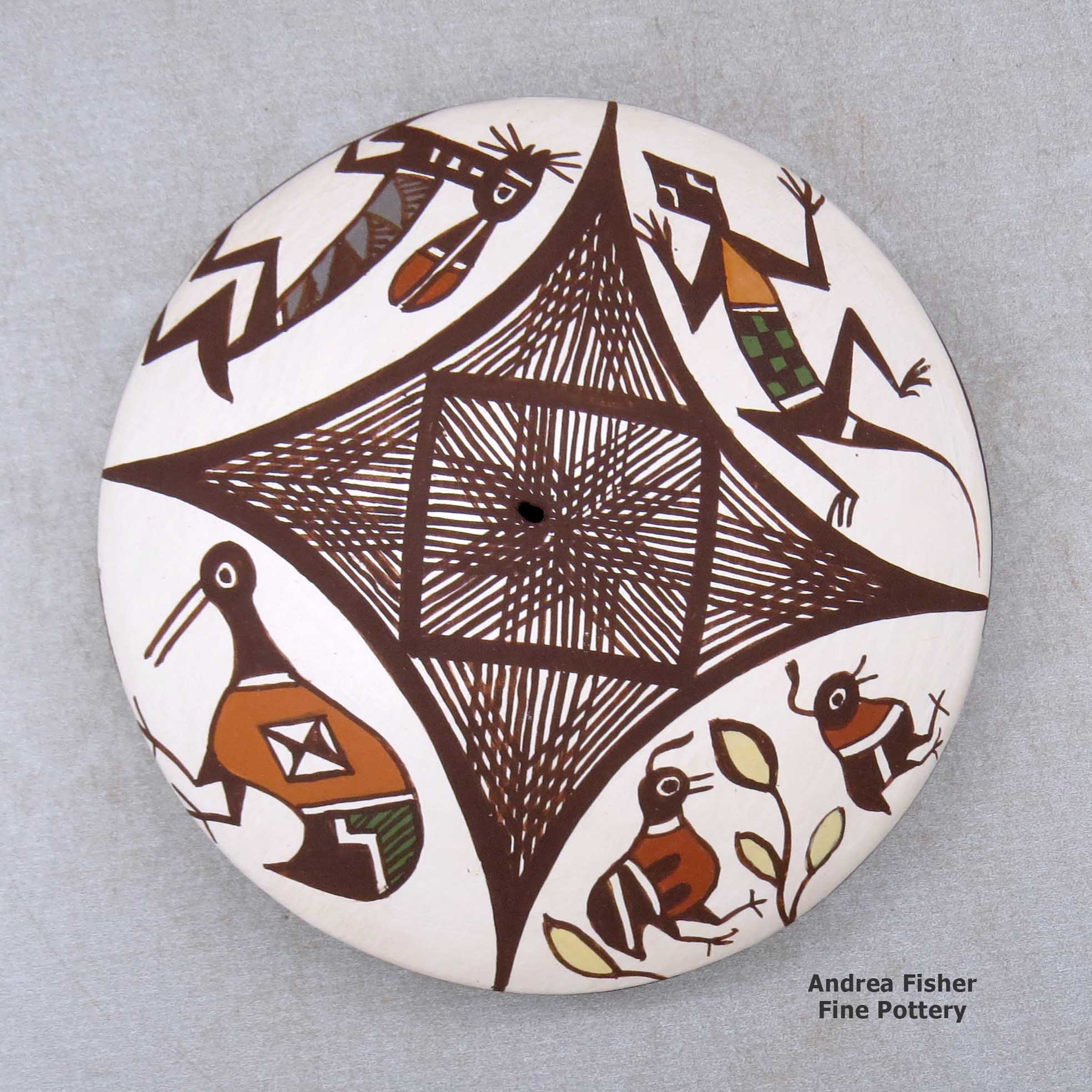 Click or tap to see a larger view A polychrome seed pot decorated above the shoulder with a bird, rabbit, lizard and fineline geometric design made by Diane Lewis of Acoma