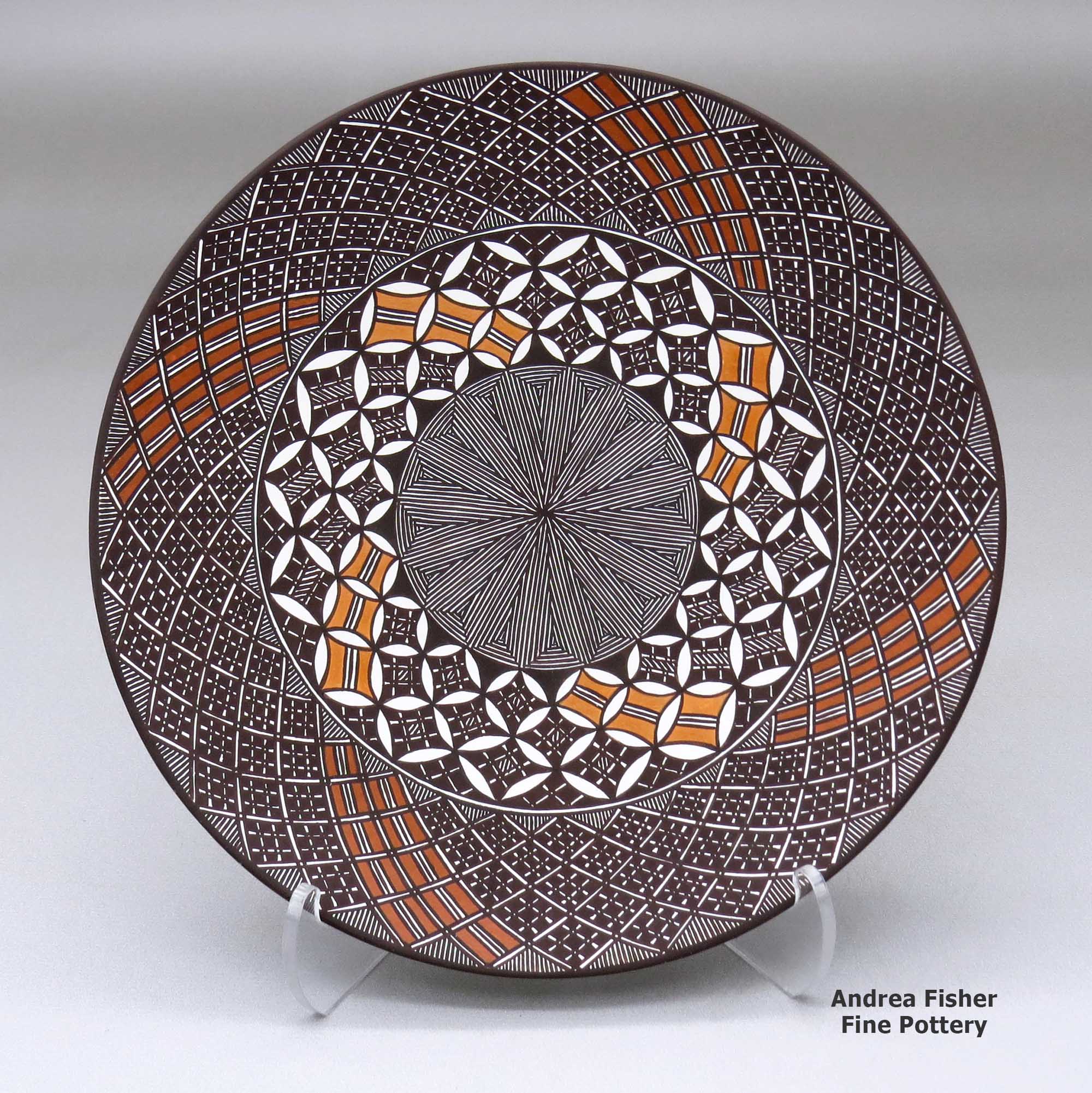 Click or tap to see a larger view A polychrome plate decorated with a North Star fineline and geometric design made by Amanda Lucario of Acoma