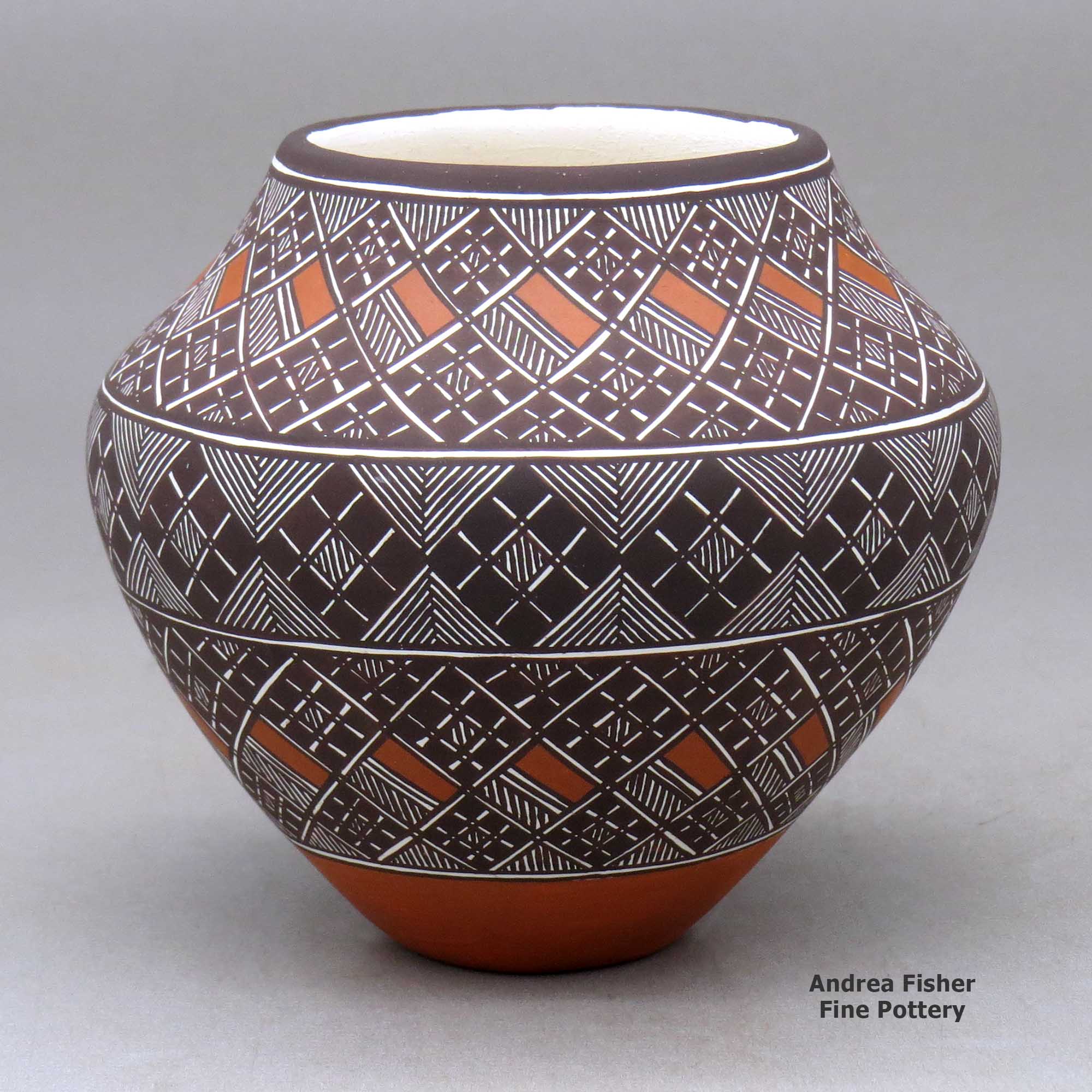 Click or tap to see a larger view A polychrome jar decorated with a fineline and geometric design made by Amanda Lucario of Acoma