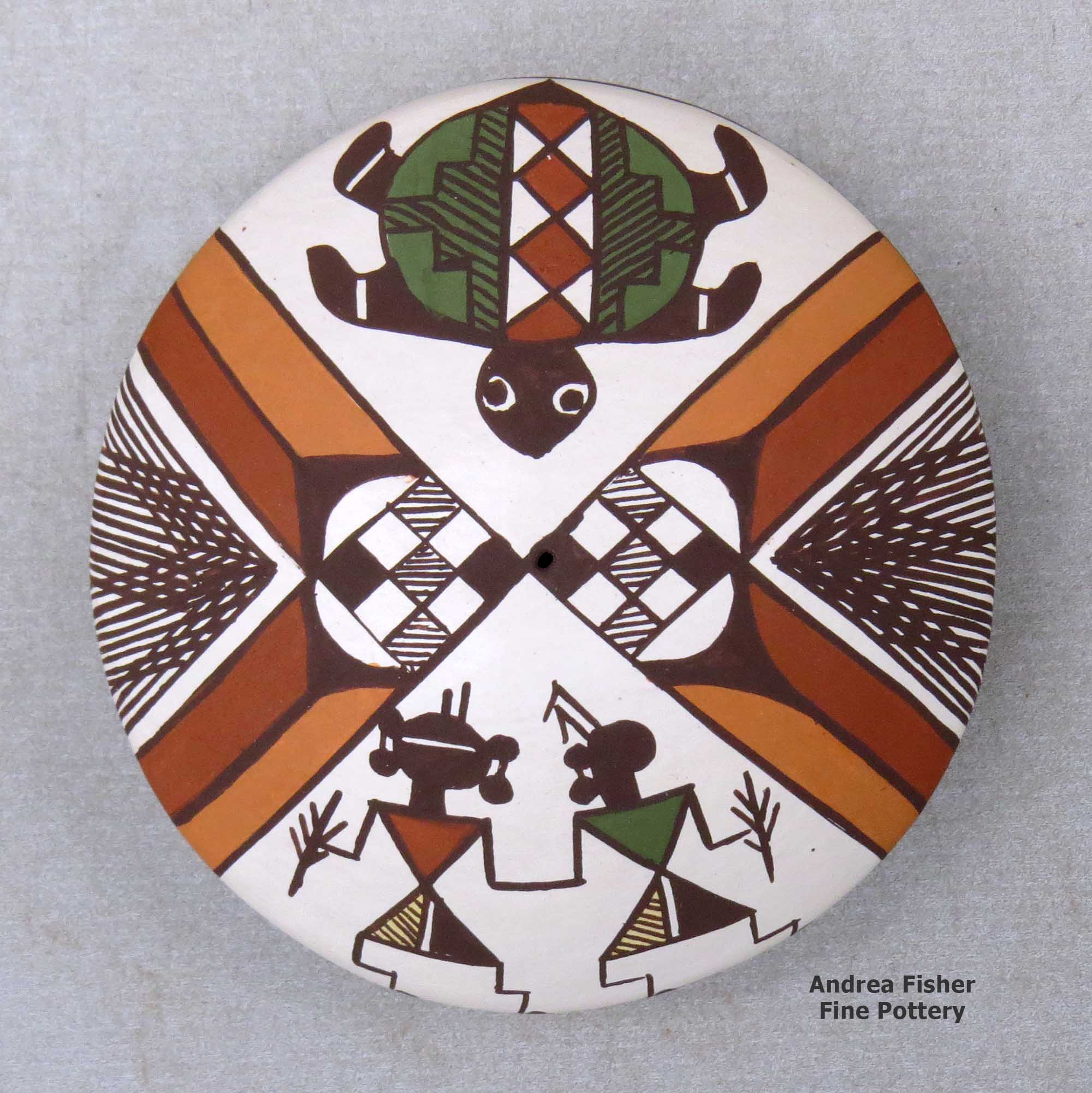 Click or tap to see a larger view A polychrome seed pot decorated above the shoulder with a pueblo dancer, turtle, fineline and geometric design made by Diane Lewis of Acoma
