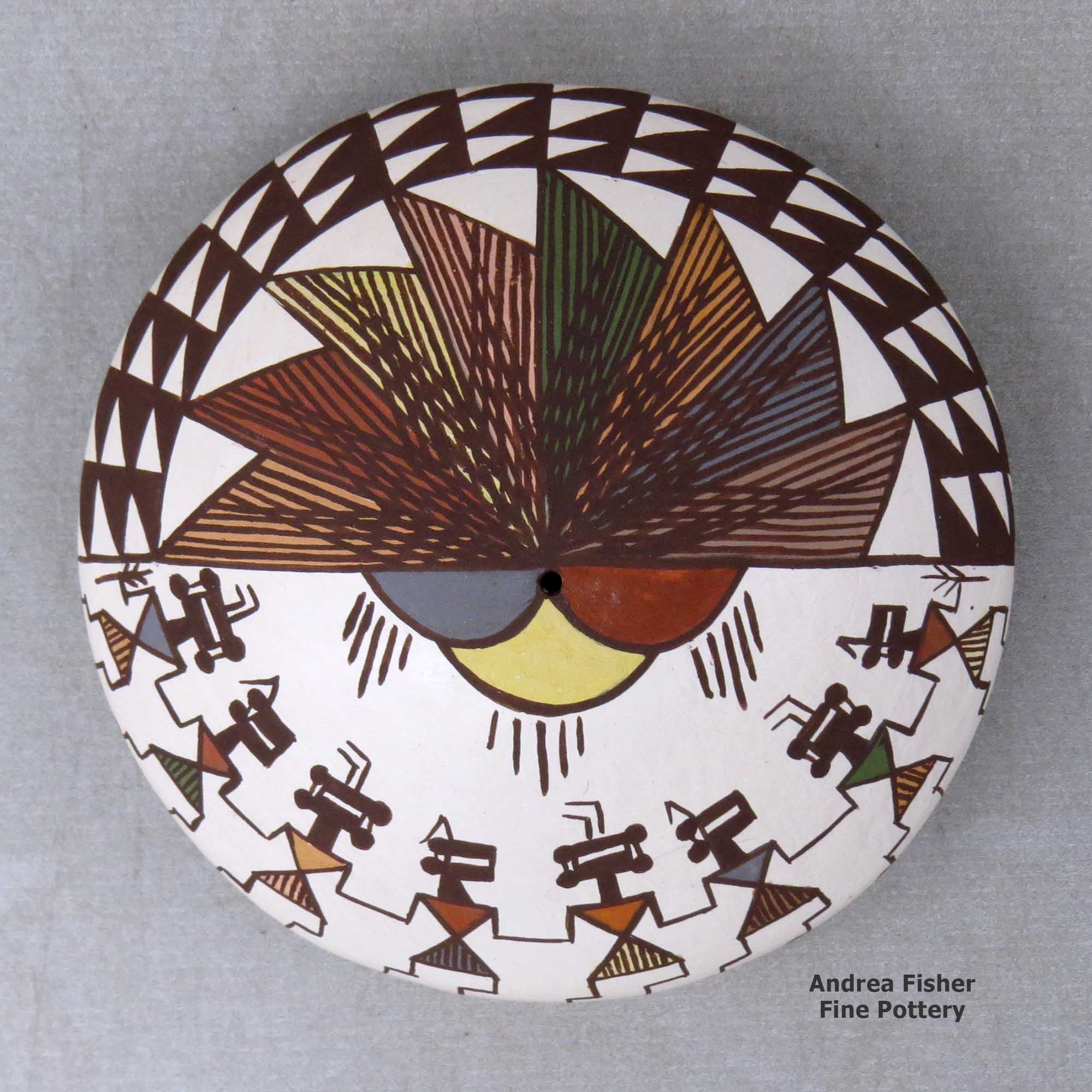 Click or tap to see a larger view A polychrome seed pot decorated above the shoulder with a pueblo dancer, cloud formation, fineline and geometric design made by Diane Lewis of Acoma