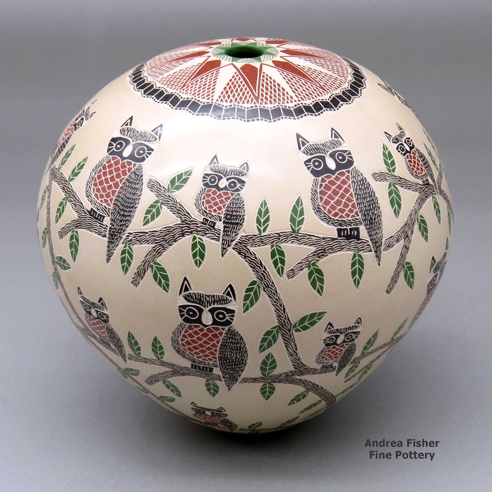 Click or tap to see a larger view A polychrome seed pot decorated with a sgraffito owl, branch, leaf and geometric design made by Oscar Ramirez of Mata Ortiz and Casas Grandes
