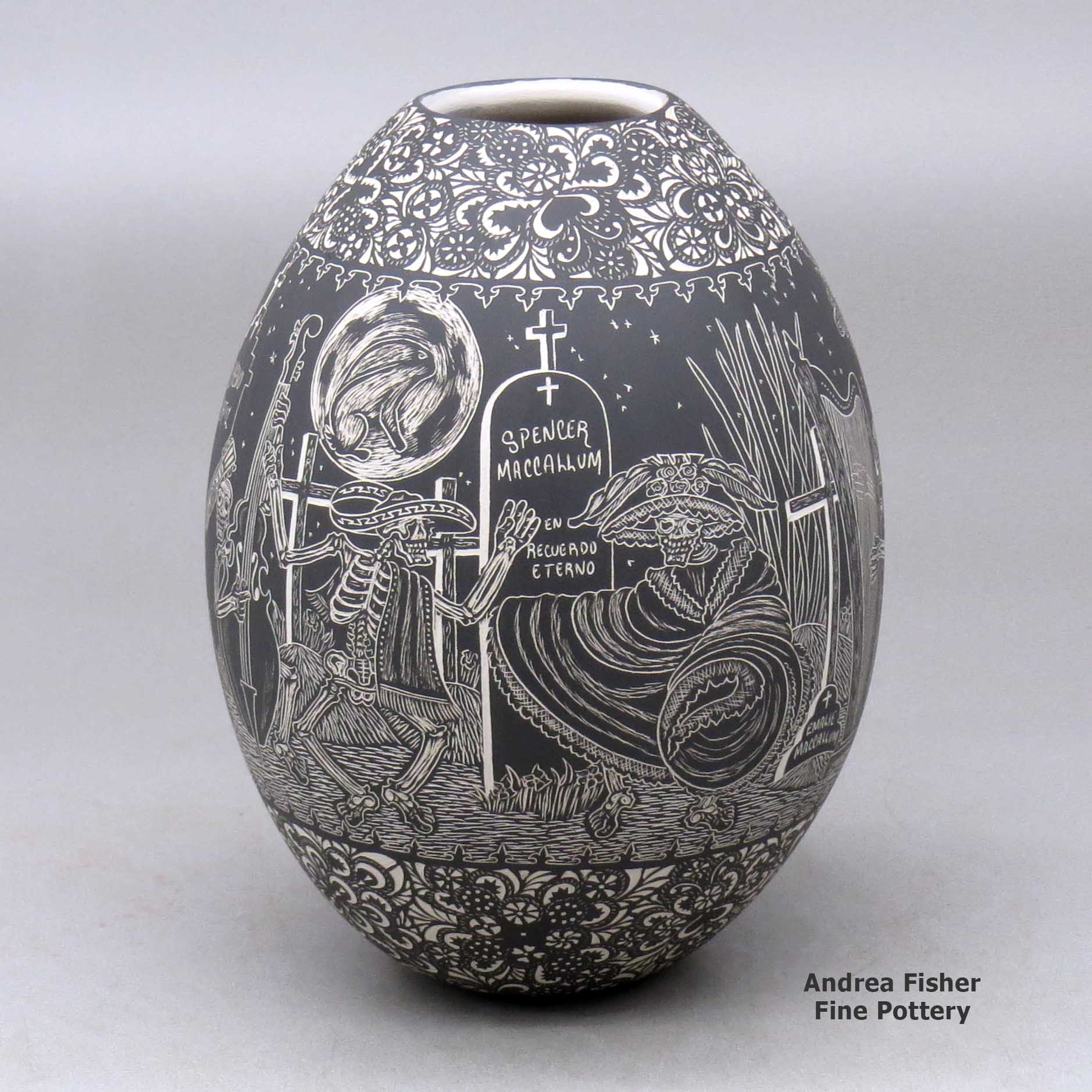 Click or tap to see a larger view A black on white jar decorated with a sgraffito Night of the Dead at the cemetery and geometric design made by Hector Javier Martinez of Mata Ortiz and Casas Grandes