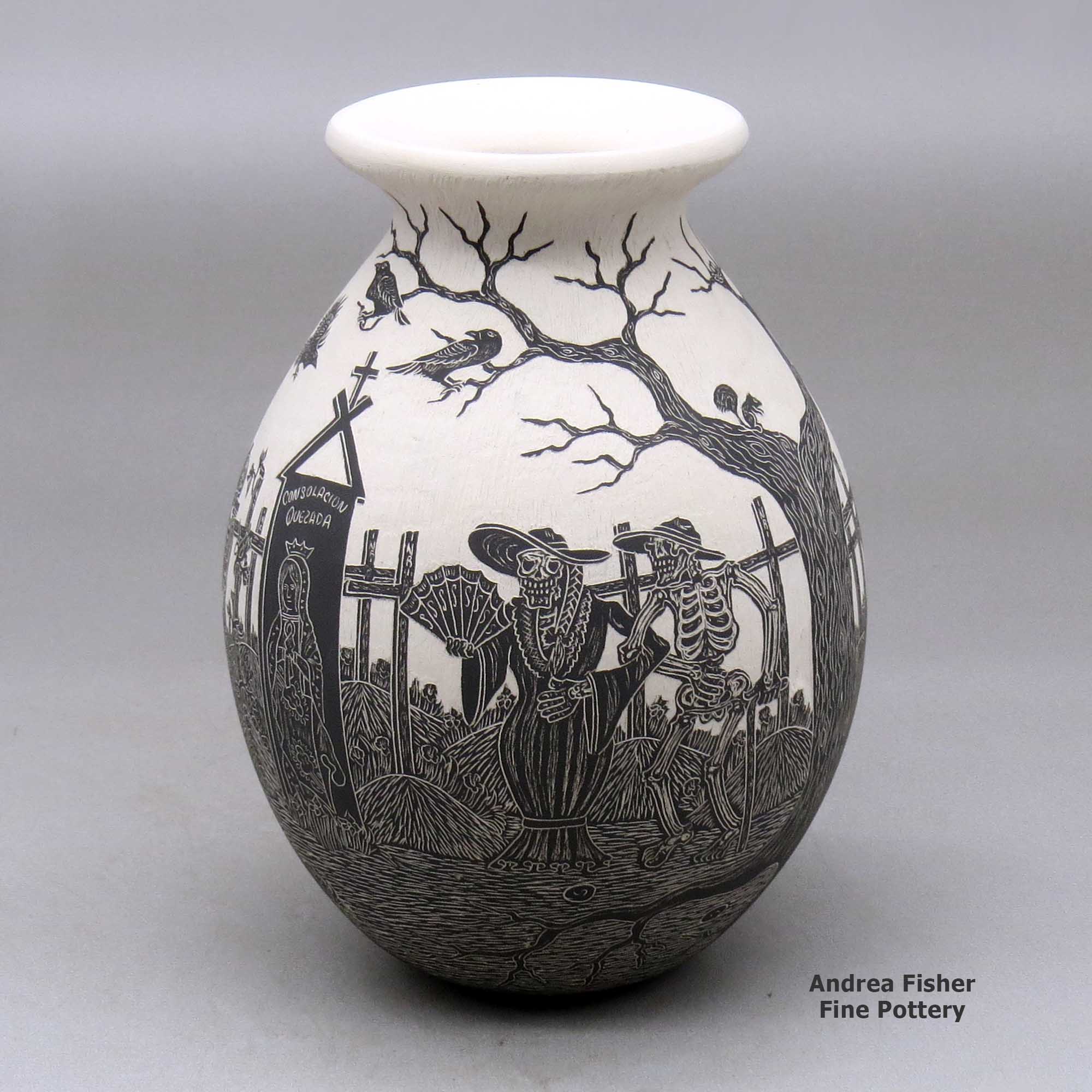 Click or tap to see a larger view A black on white jar with a rolled lip and decorated with a sgraffito Day of the Dead at the Cemetery design made by Hector Javier Martinez of Mata Ortiz and Casas Grandes