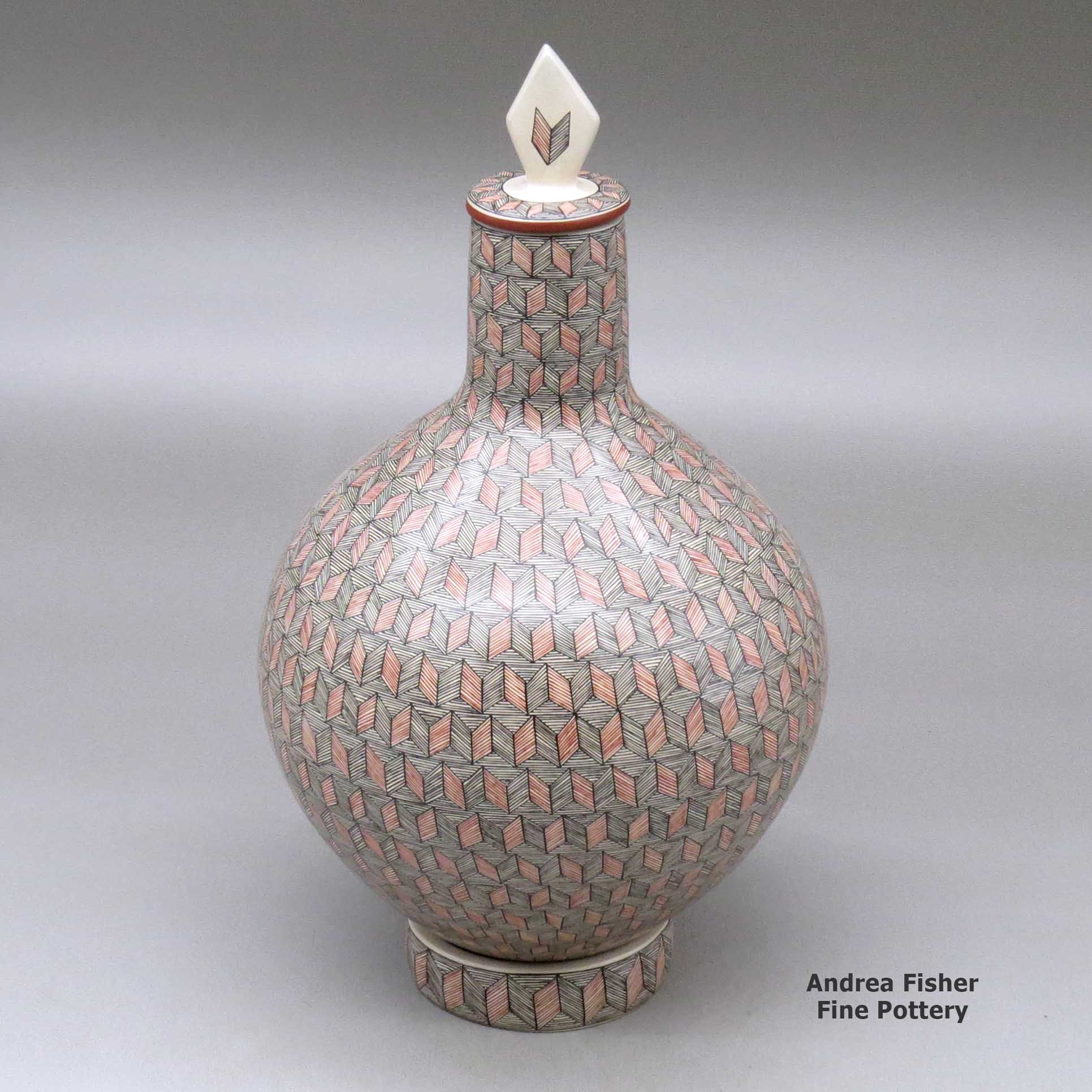 Click or tap to see a larger view A polychrome medium necked lidded jar with a custom matching stand, all decorated with a fineline geometric design made by Oralia Lopez of Mata Ortiz and Casas Grandes