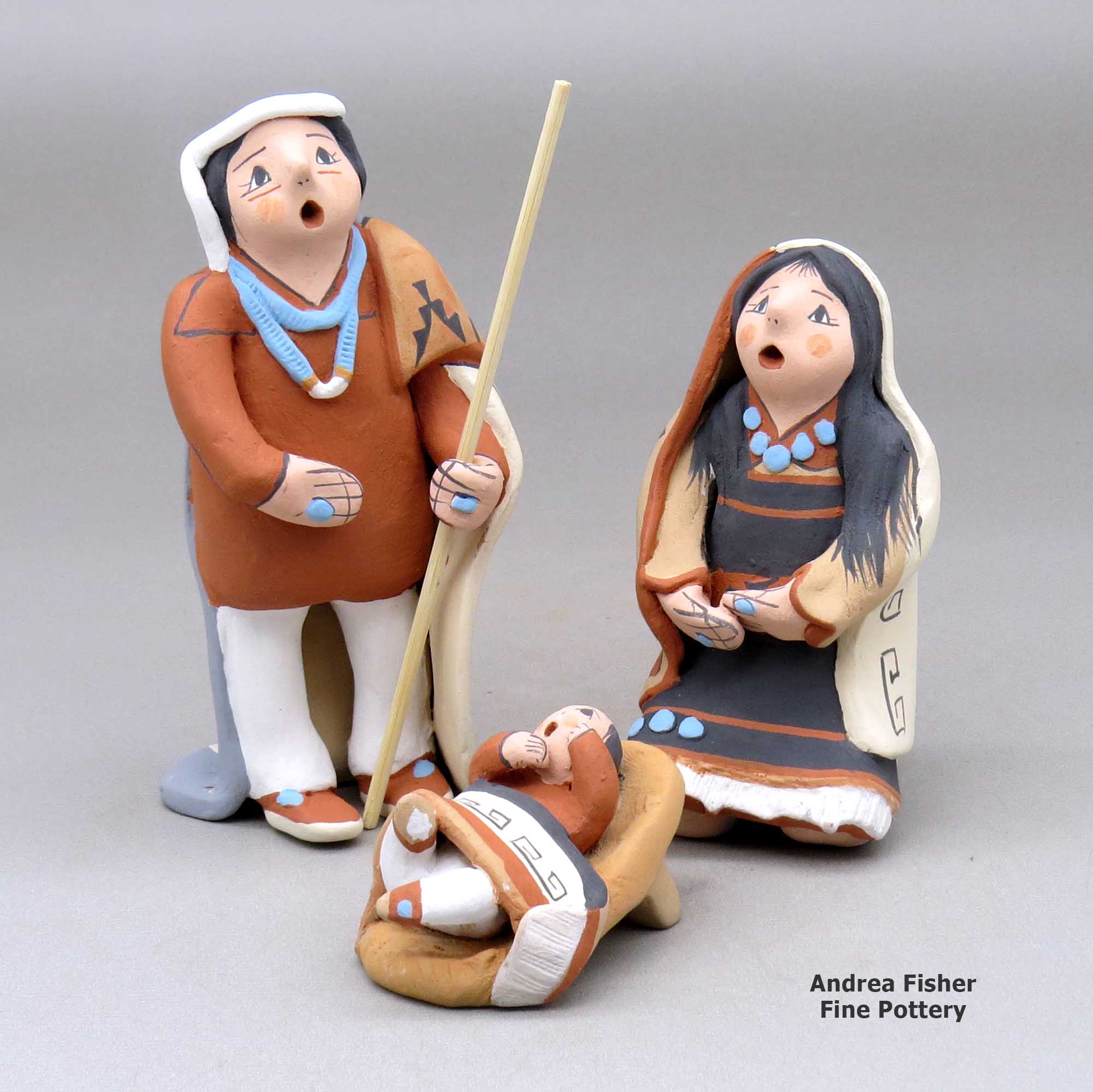 Click or tap to see a larger view A three-piece Jemez nativity set made by Mary Lucero of Jemez