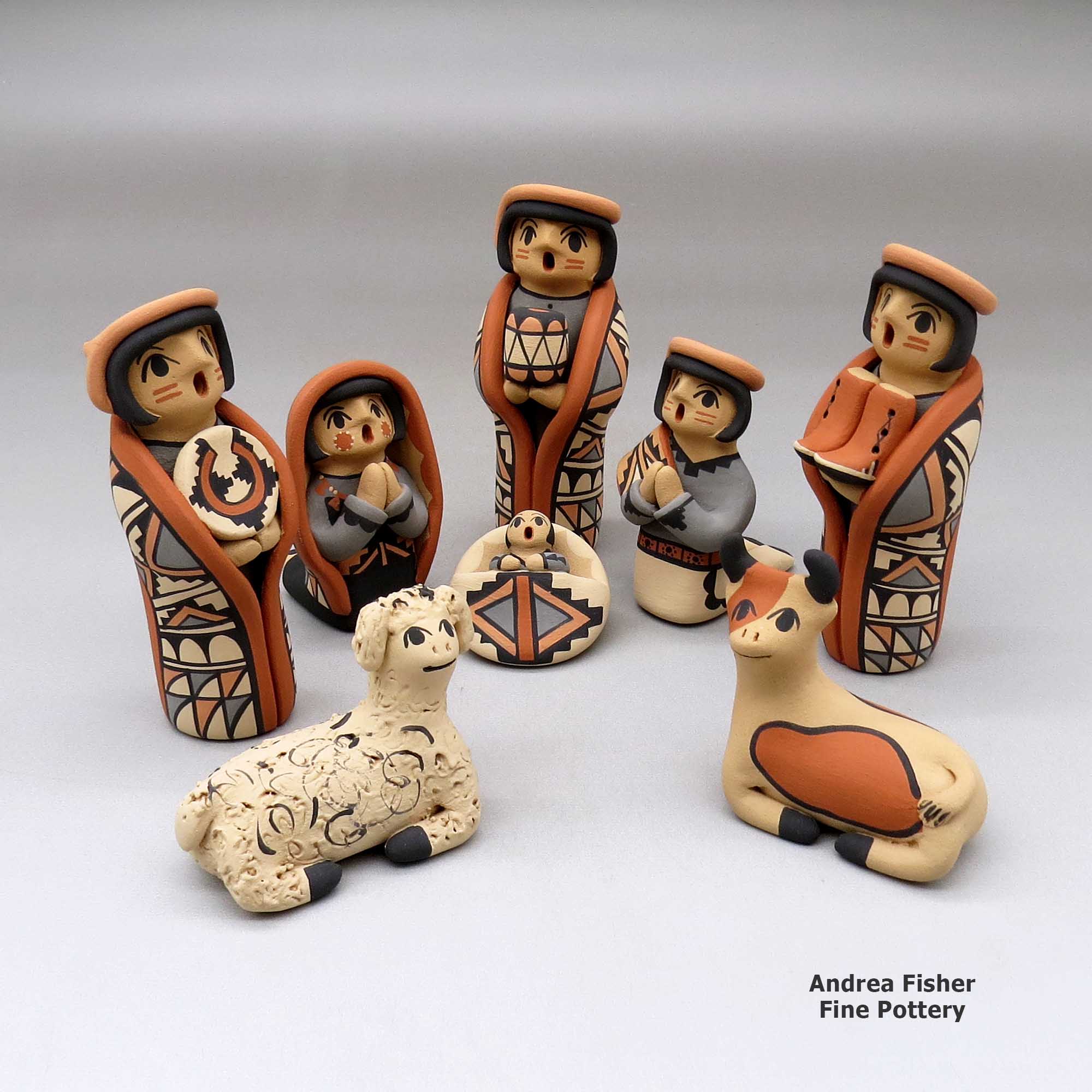 Click or tap to see a larger view An eight piece Jemez style nativity set made by Chrislyn Fragua of Jemez