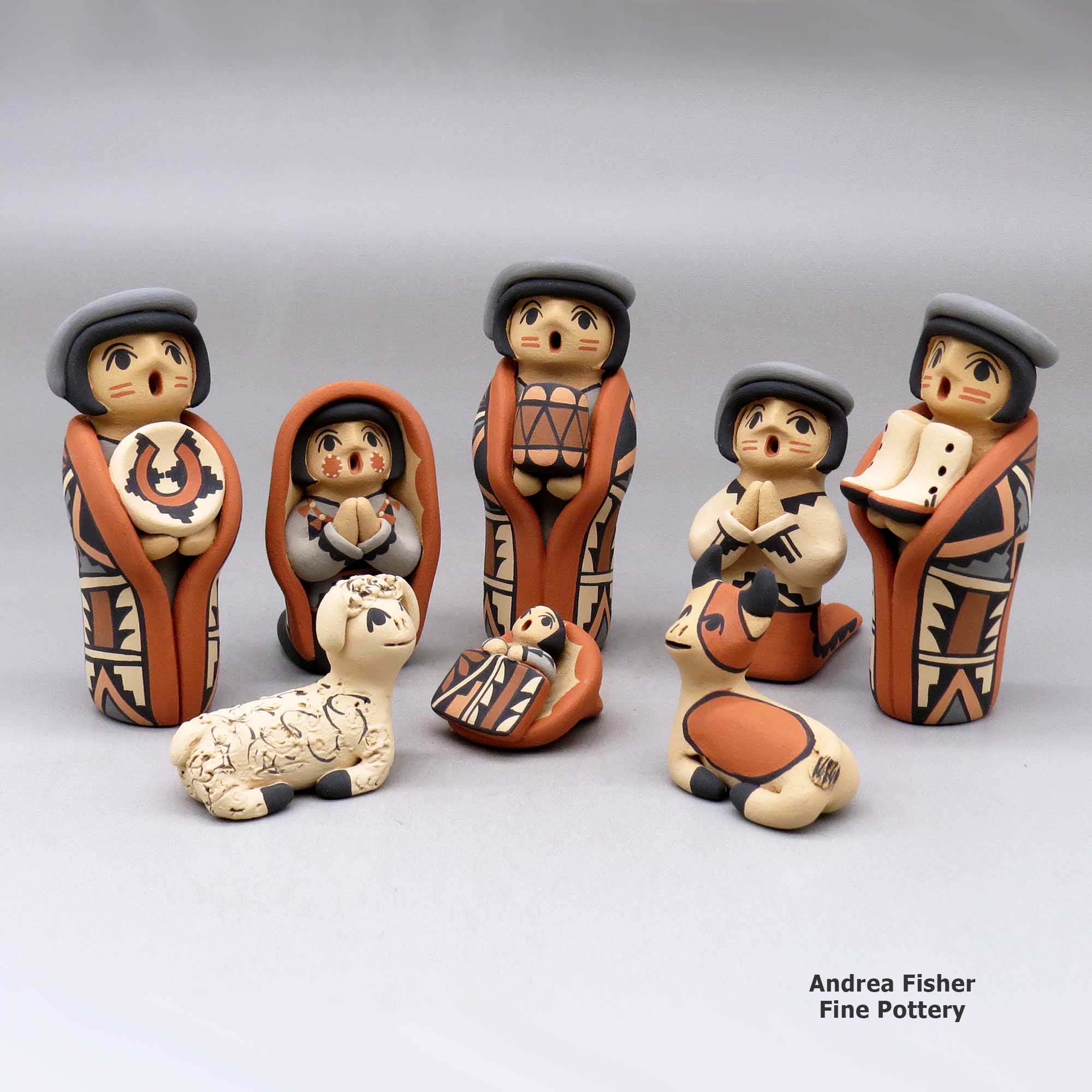 Click or tap to see a larger view An eight piece Jemez style nativity set made by Chrislyn Fragua of Jemez