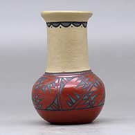A small polychrome vase decorated with a geometric design around the shoulder, upper neck and inner rim, click or tap to see a larger version