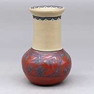 A small polychrome vase decorated with a geometric design around the shoulder, upper neck and inner rim
 by Minnie Vigil of Santa Clara