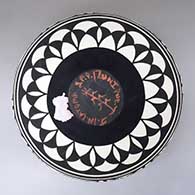 Black-on-white jar with 3 bands of Zuni geometric designs, click or tap to see a larger version